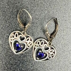 Sterling 925 Drop Dangle Heart Filigree Earrings With Articulated Blue Gemstone
